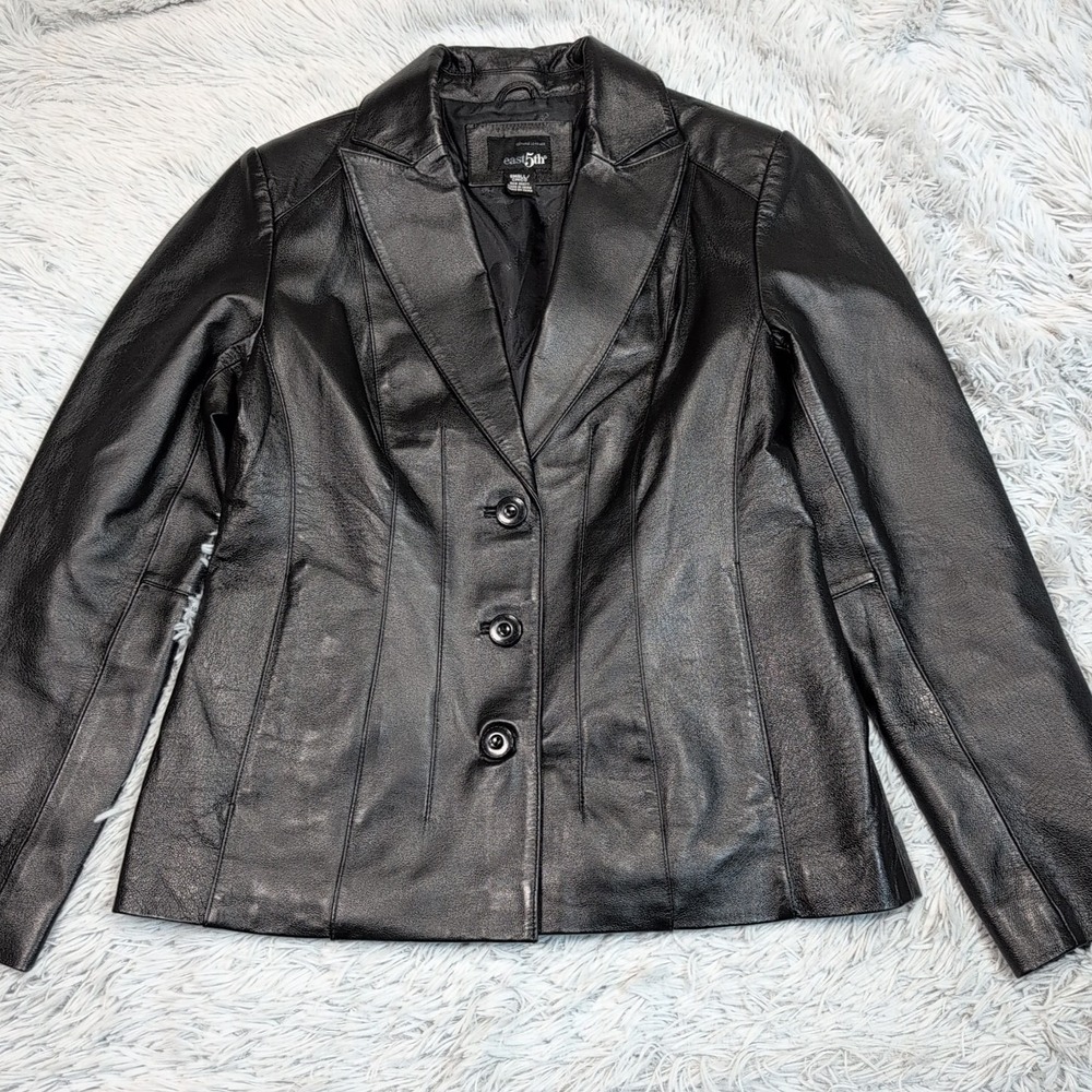 East 5th Jacket Womens S Black Leather Pockets Button Up Preppy‎ Comfort Career